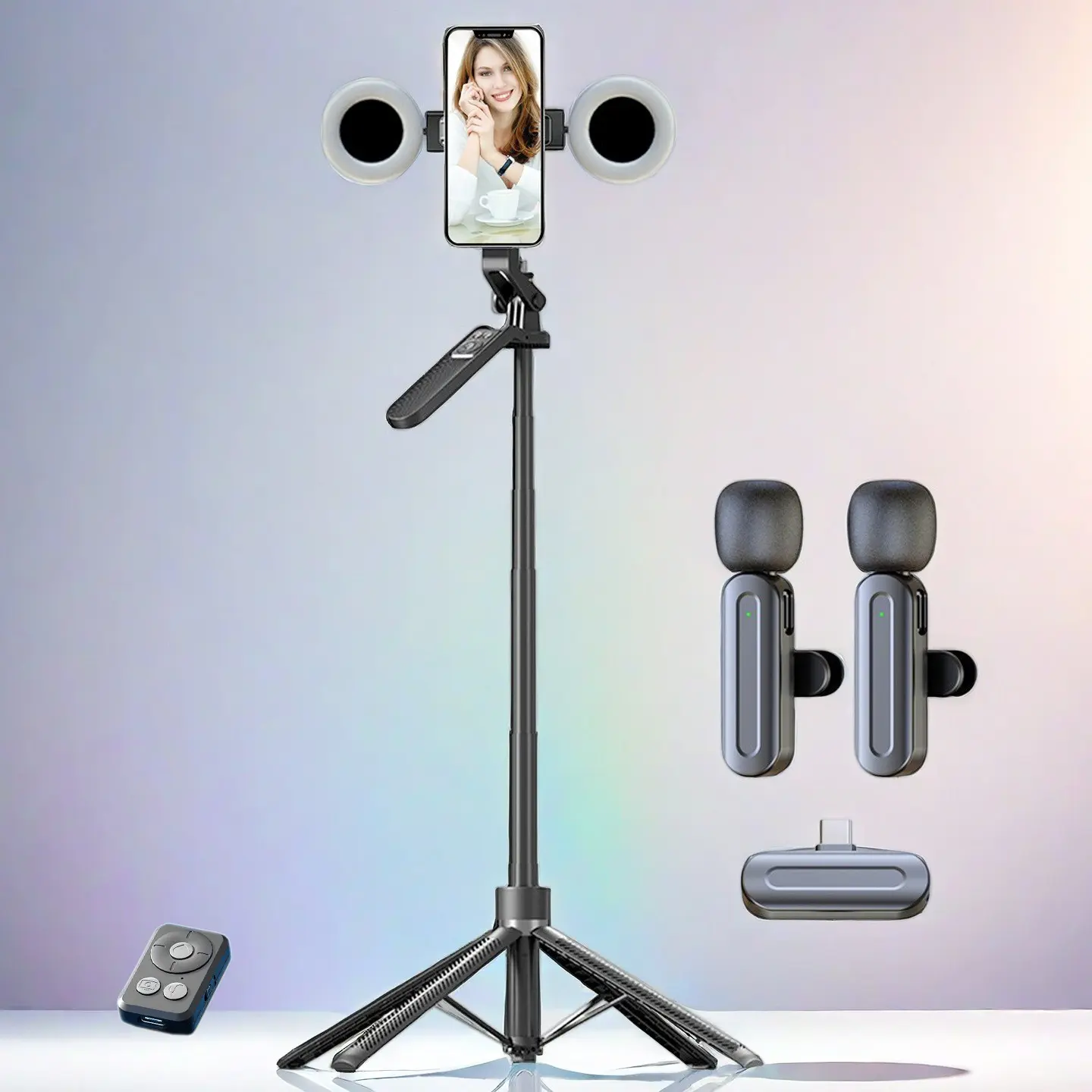 5-In-1 Vlog Shooting Kit, 70-Inch Selfie Stick With Light/tripod, Wireless Dual Lavalier Mic, Light, Remote, Tiktok Creator Essential Set, Phone Accessories