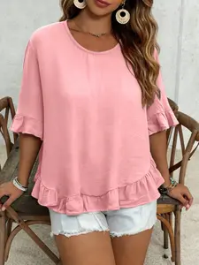 Fashion Plus Size Plain Ruffle-Hem Blouse, Shirts, Short Sleeve Loose Casual Tops Y2K Clothes Summer Vacation Outfits Trendy Street Style Womenswear