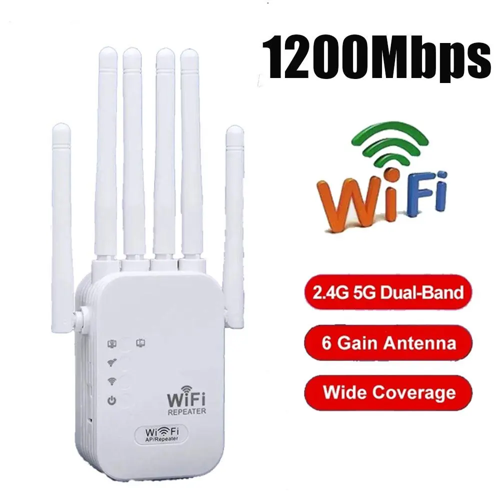 WiFi Repeater for Home, 1200Mbps AC Dual-Band Speed with 2.4G 5G, Compact Plug-and-Play Extender, 6 Adjustable External Antennas, Discreet Look, Compact Design