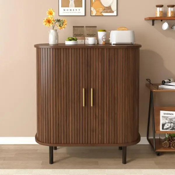 28" Mid-Century Modern Fluted Multi-Function Faux Wood Finish Wine Bar Cabinet - 8-Bottle Rack, Adjustable Shelves, Tambour Doors, 4 Hidden Side Compartments, Hidden Storage Cabinet, Faux Wood Cabinets, Hidden Storage Cabinets