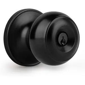 Keyed Entry Door Knob, Flat Ball Interior Door Knob with Lock, Round Exterior Doorknob for Front/Entrance Doors, Matte Black