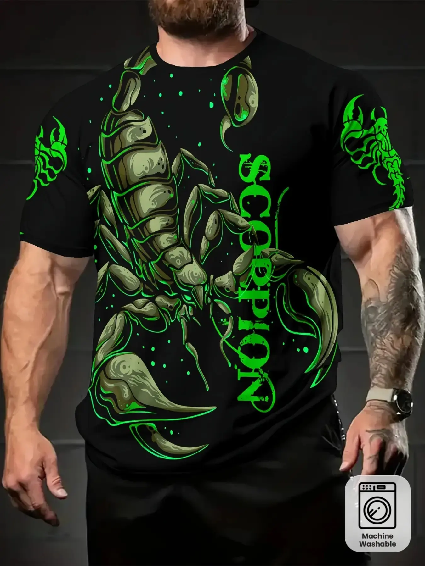 Scorpion Pattern Graphic Men's Short Sleeve T-Shirt, 3D Print Cool Design, Fluorescent Tattoo Style, Trendy Casual Streetwear Top, Fitted, Menswear, Fashion Streetwear Top