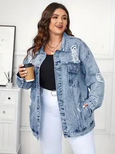 Women's Plus Size Street Style Casual Denim Jacket, Ripped Jeans Outerwear, Washed Jean Coat, Fashion Versatile Design, Womenswear
