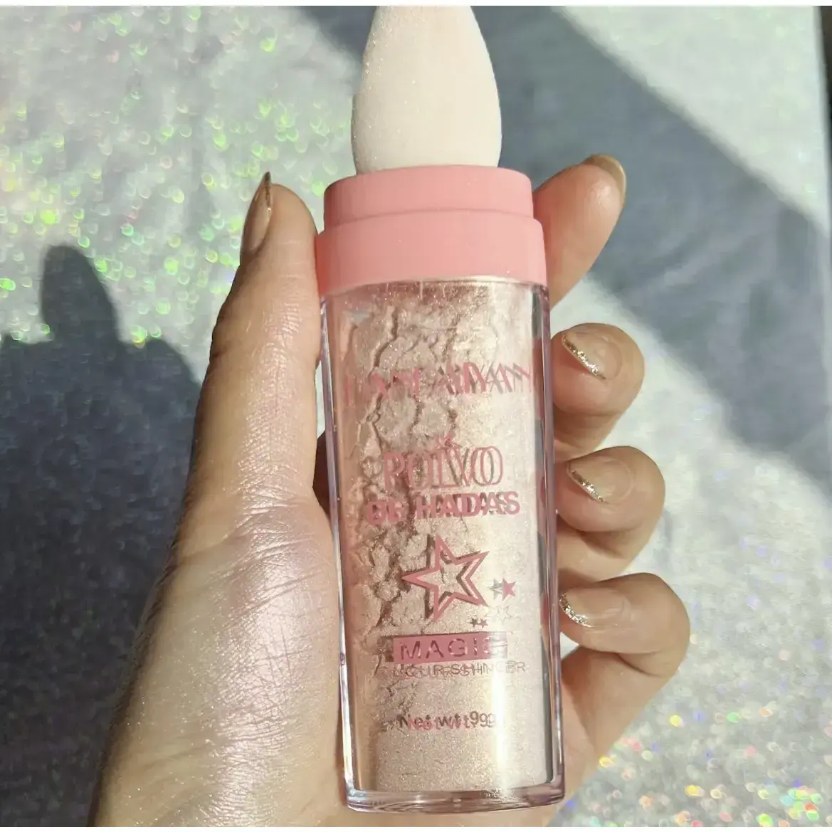 Holographic Shimmer Highlighter Stick with Sponge - Safe, Long-Lasting Cosmetic, Golden Glitter Body Glow Powder for Festival Parties
