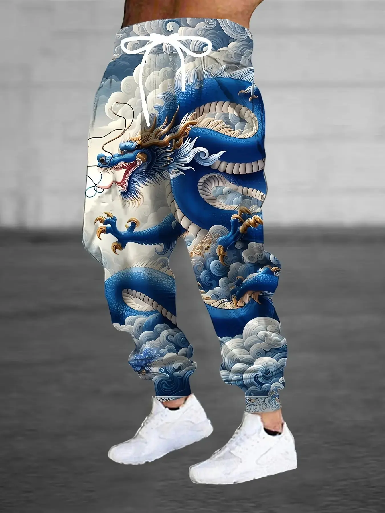 Men's 3D Blue Dragon Print Jogging Pants - Full Body Pattern Casual Pants with Drawstring Waist and Pockets, Regular Fit Machine Wash Sports Casual Pants, Detailed Images, Active Wear, Athleisure Casual Bottoms, Athleisure Style Bottoms