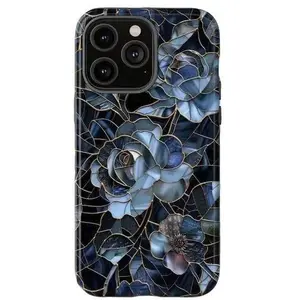 Dark Academia Flower Rose Stained Glass Printed Tough Phone Case for iPhone Series with Dual-Layer Defense and Wireless Charging Ready |   Black Blue Floral Rose Print Fashion Trendy High Quality Design Accessories |   iPhone Series Cover