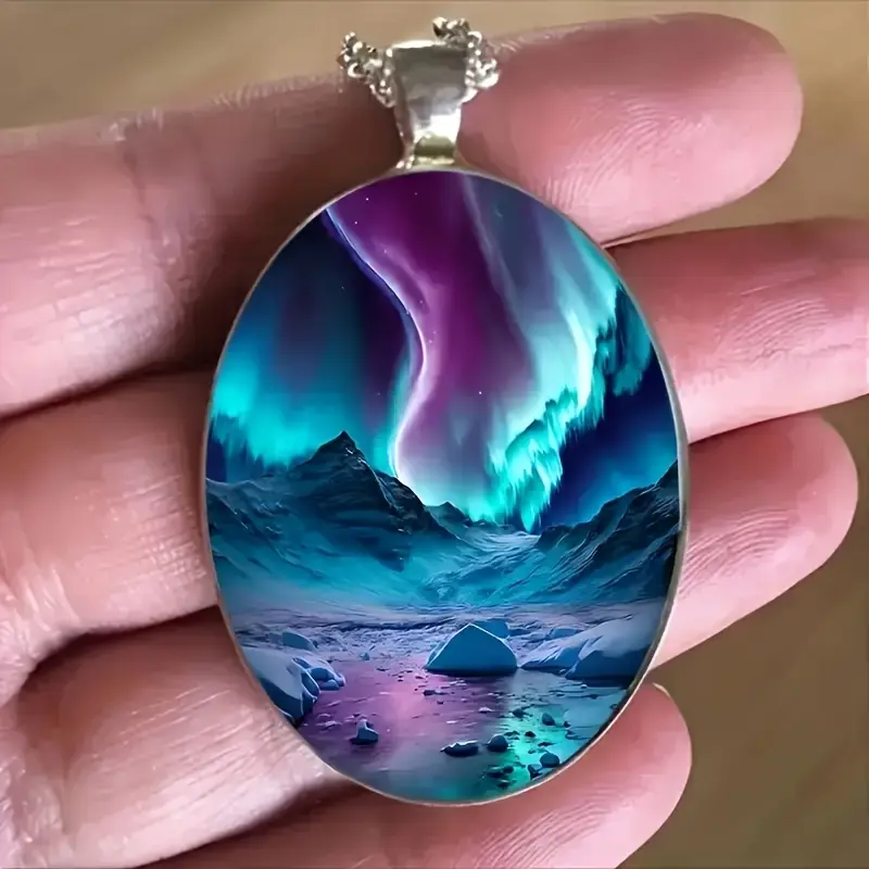 Aurora Borealis Oval Pendant Necklace - Vintage Alloy Chain Jewelry Necklaces, Northern Lights Landscape Glass Pendant for Travel Enthusiasts, Party Wear