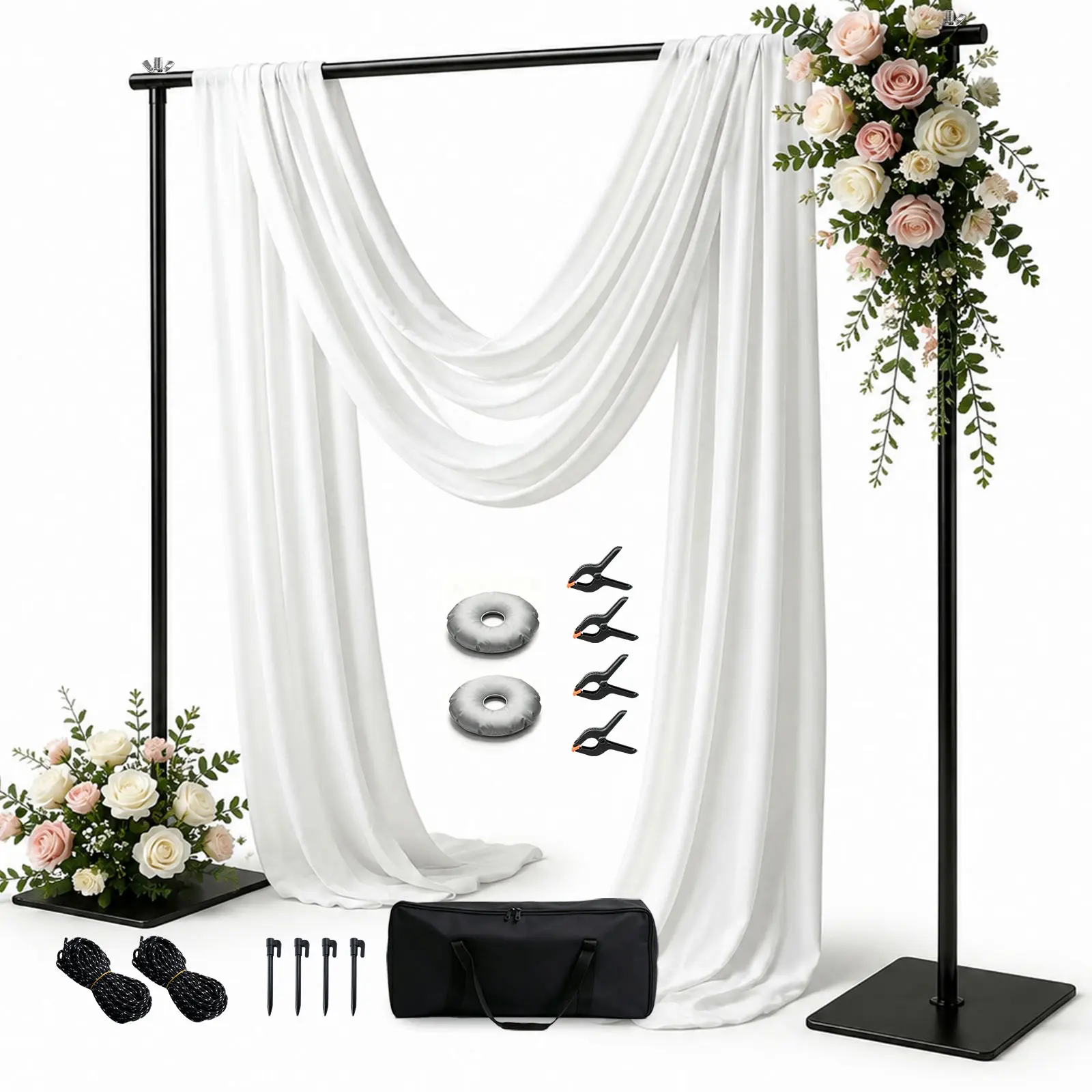 Backdrop Stand, 6.5ft Height 10ft Width Adjustable Photography Background Support Poles with Heavy Duty Flat Base, Photo Metal Steel Pipe and Drape Frame Kit for Parties Birthday Wedding - Black
