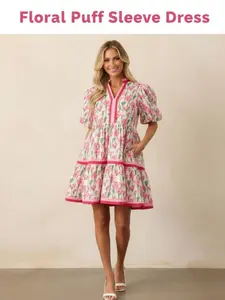 Elegant Vintage Print Dress for Women, New Patchwork A-Line Dress, Vacation Dress, Stylish and Comfortable, Perfect for All Occasions, Boho Style Dresses, Floral Puff Sleeve Babydoll Dress, Contrast Trim V Neck Mini Dress, Tiered Summer Dress with Pockets