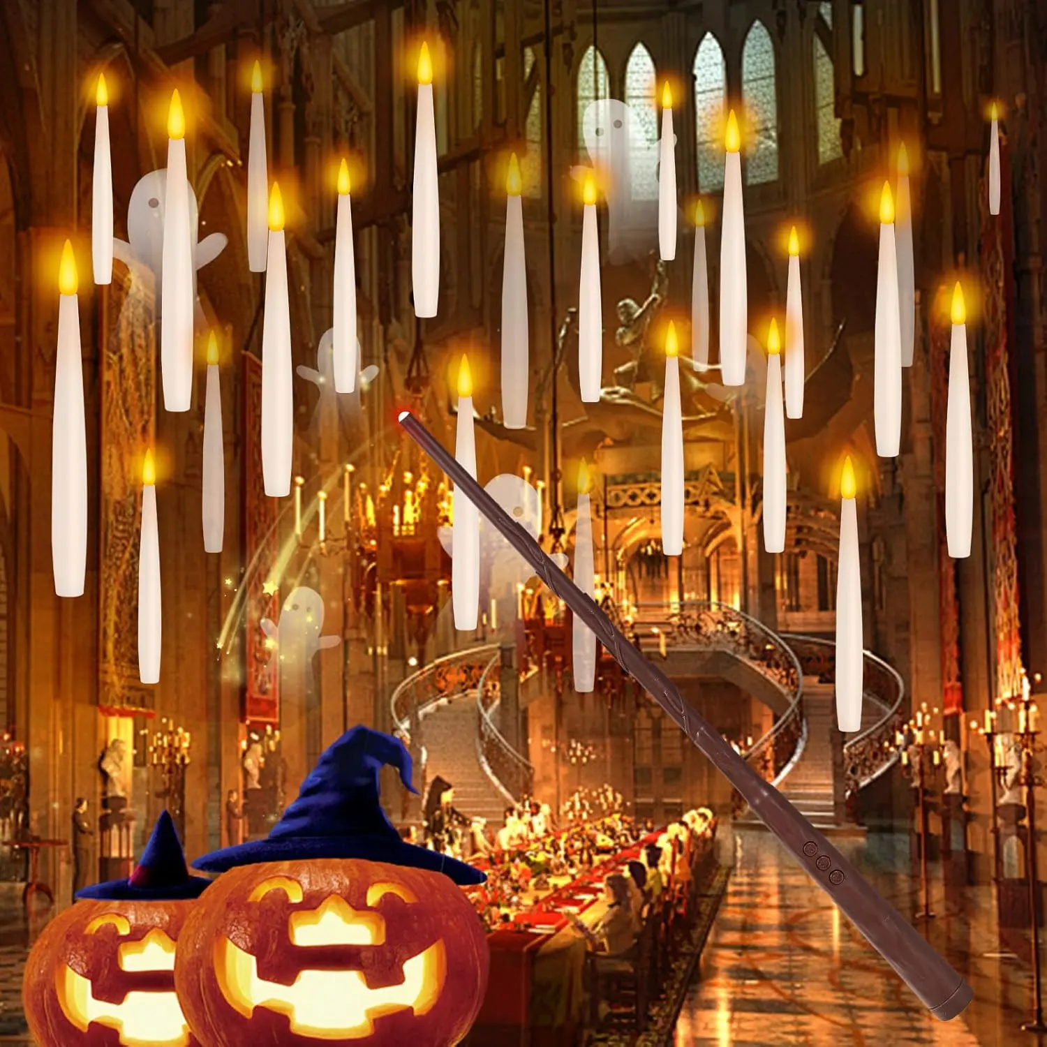Floating Candles with Wand Remote Timer - 24 count Magic LED Hanging Flameless Taper Candles Flickering  Operated for Halloween Birthday Theme Party Holiday  Window Decor - White