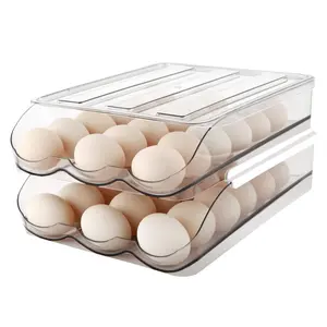Egg Holder , Automatically Rolling Egg Storage Container for Refrigerator,Large Capacity Organizer for Fridge with Lid,Clear Plastic Egg Dispenser, Tray & Bin -2 Layer egg storage shoes store