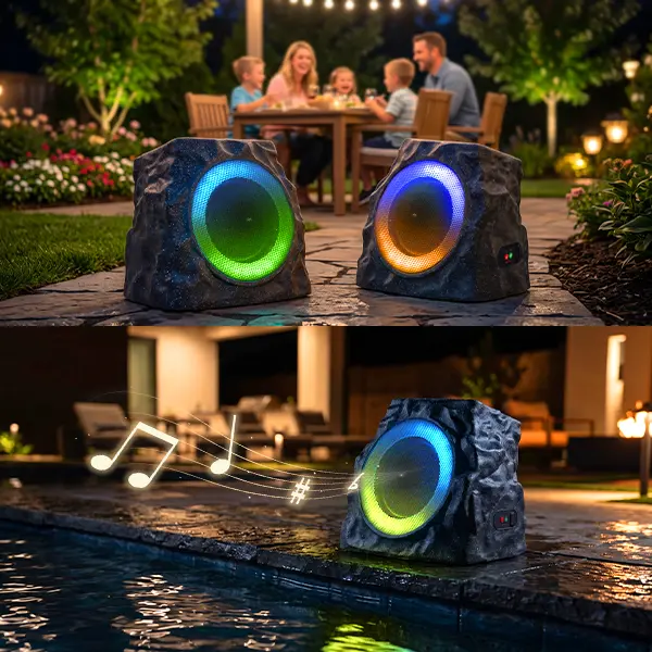 2-Pack Solar Powered Wireless Rock Speakers, Bluetooth Audio with Built-in RGB LED Light, USB Charging Port, IP44 Water Resistant Portable Outdoor Stereo for Patio Garden Parties