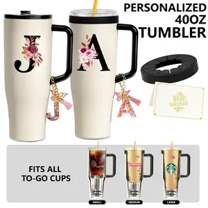 ZIOSINM Personalized Monogram 40oz Tumbler with Handle, Detachable Universal Silicone Tumbler Ring , Leak-Proof Insulated Mug with Keychain Card, 12H Ice Cold