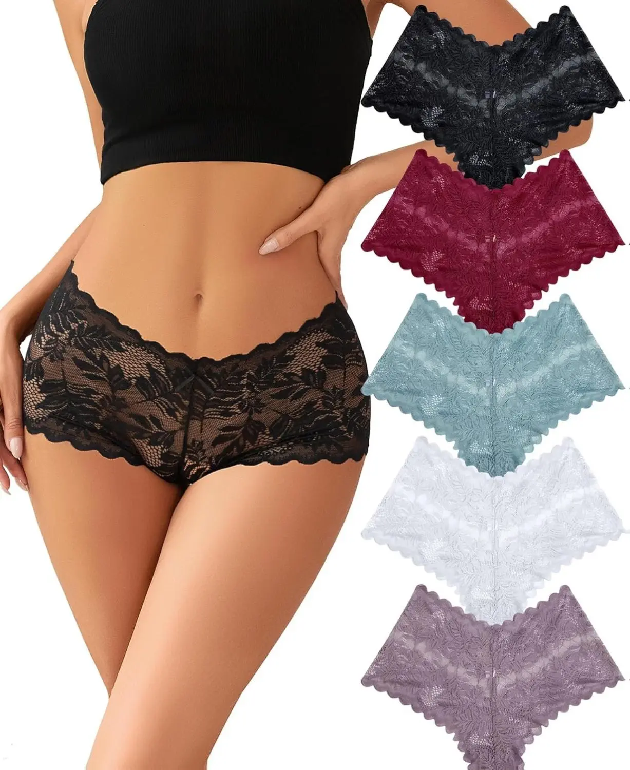 Women's Lace Fit Bikini Panties - Sexy V-Waist Cheeky Boyshorts, Simple Style No-Line Leg Lingerie, Comfortable All-Day Wear, 5/10 Pack, Boy Shorts, Cheeks, Soft Lace, Middle Rise, True-To-Size, Clothe, Sheer, True Size Fit, Chic, Hand Wash Only, High-Cut