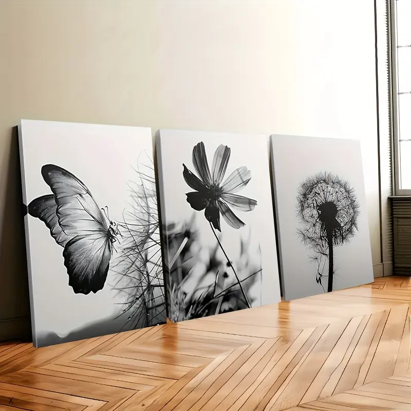 Black 3-Piece Waterproof Glossy Monochrome Wall Art Set with Box - Black & White Floral Butterfly/Dandelion Posters, Easy-Hanging Horizontal Decoration, Farmhouse Kitchen Decor, Independence Day/Juneteenth Polka Dot Accent, Wardrobe