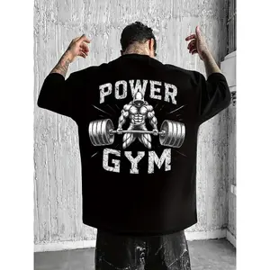 Men's Cool "Power Gym" Bodybuilding Graphic T-Shirt: Black Oversized Tee with Weightlifting Print, Perfect for Fitness Enthusiasts and Street Gym Style