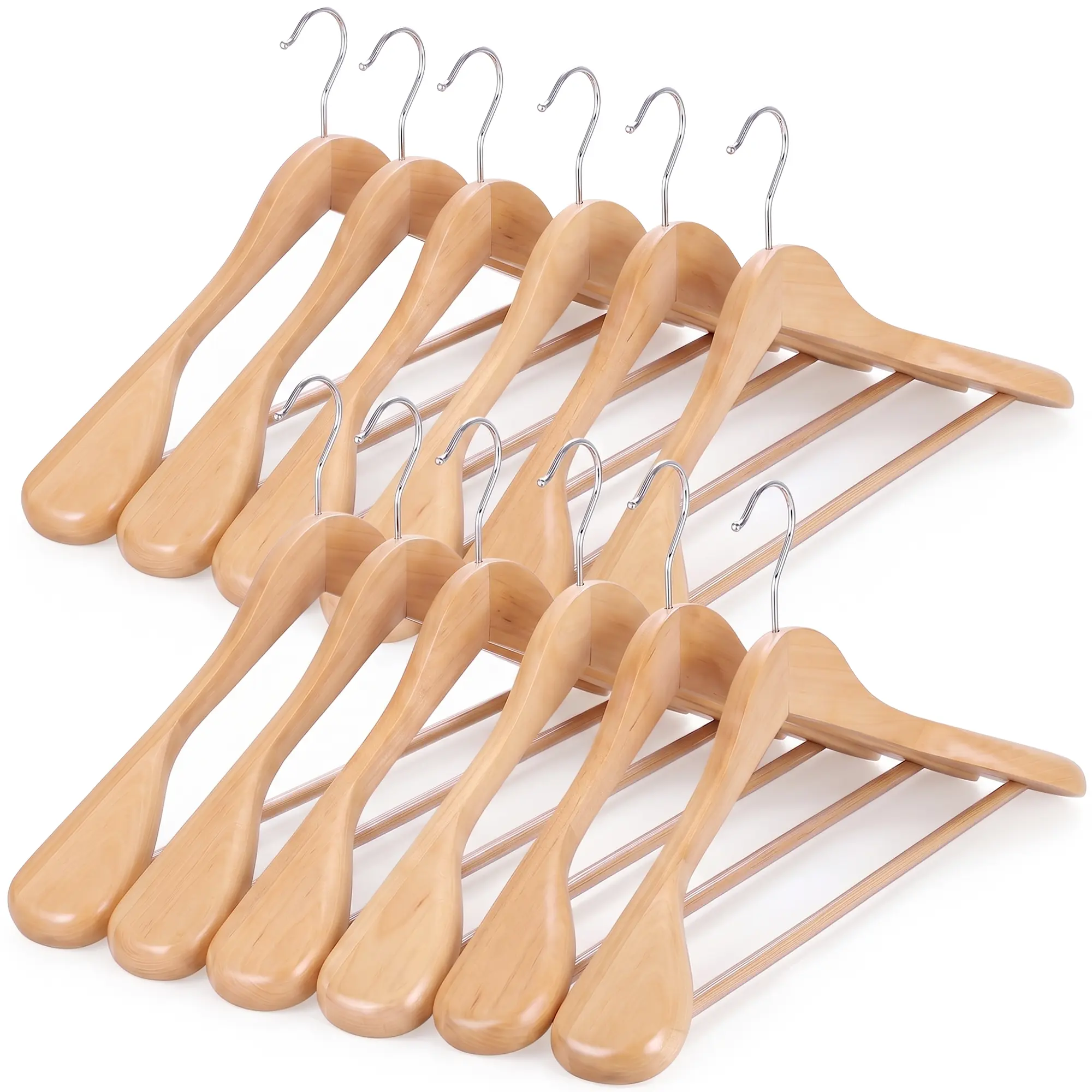 Segawe 12/24 Pack Classic Round Schima Wood Hangers, 2.2in Wide Shoulder Adult Suit Hangers for Closet Organiser, 360° Swivel Hook, Non-Slip Pants Bar, Smooth Surface for Iron Use, 10 lbs Load Capacity, Natural, Wide 2.2", 17.7"L X 9.1"H, Durable Screw Re