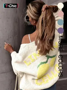 Autumn Winter New V Neck Button Knit Cardigan, Unique Design Lemon Pattern Soft Long Sleeve Sweater Top, Women's Fashion Outerwear Knitwear