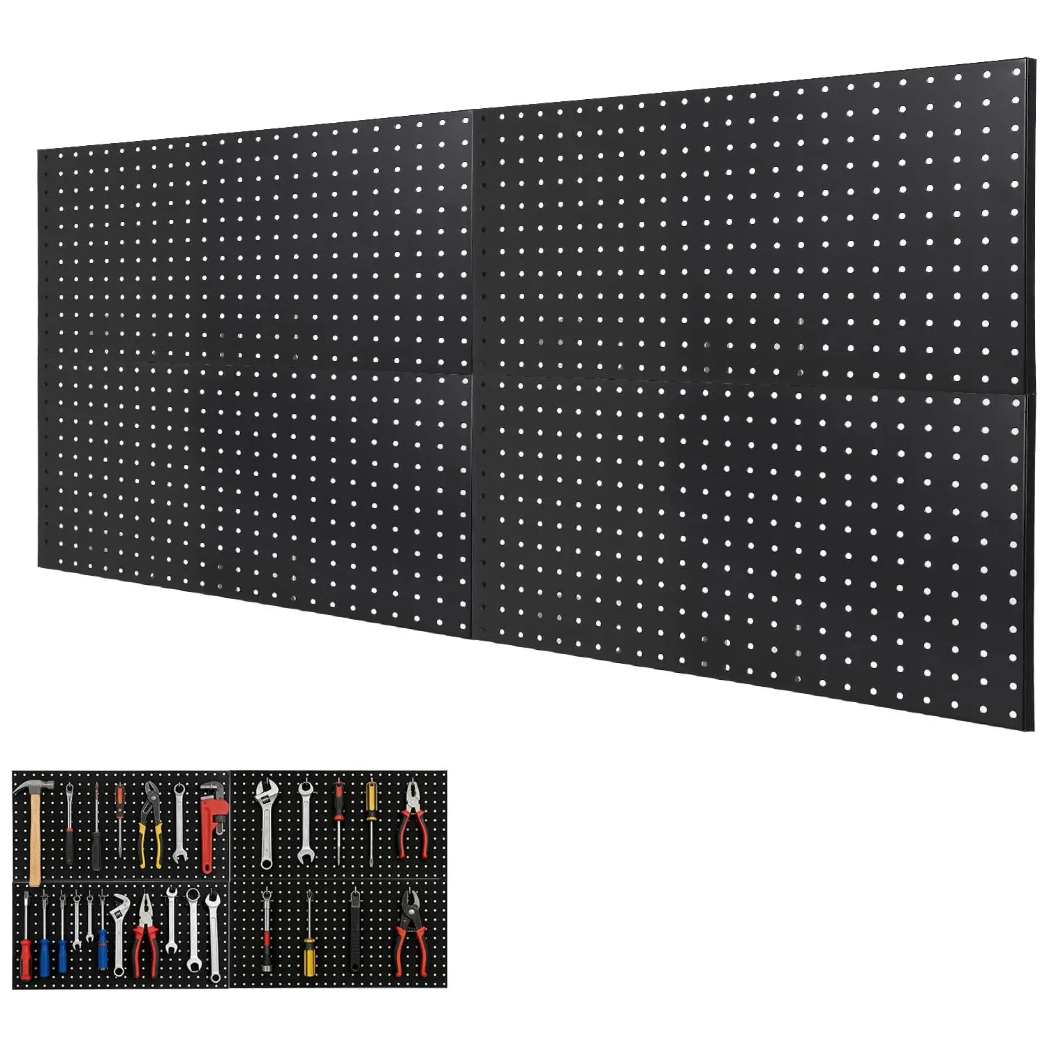 4 Pack Metal Pegboard Panels, 48" x 24" Steel Peg Board Wall Organizer with Flexible Layout for Garage Storage, Workshop, Kitchen & Craft Room Tool Organization, Black