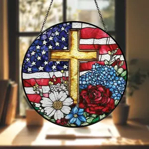 Faith Freedom & America Cross Suncatcher – Christian Patriotic Gift, USA 250th Anniversary Window Hanging Decor, American Independence 1776–2026 Gift