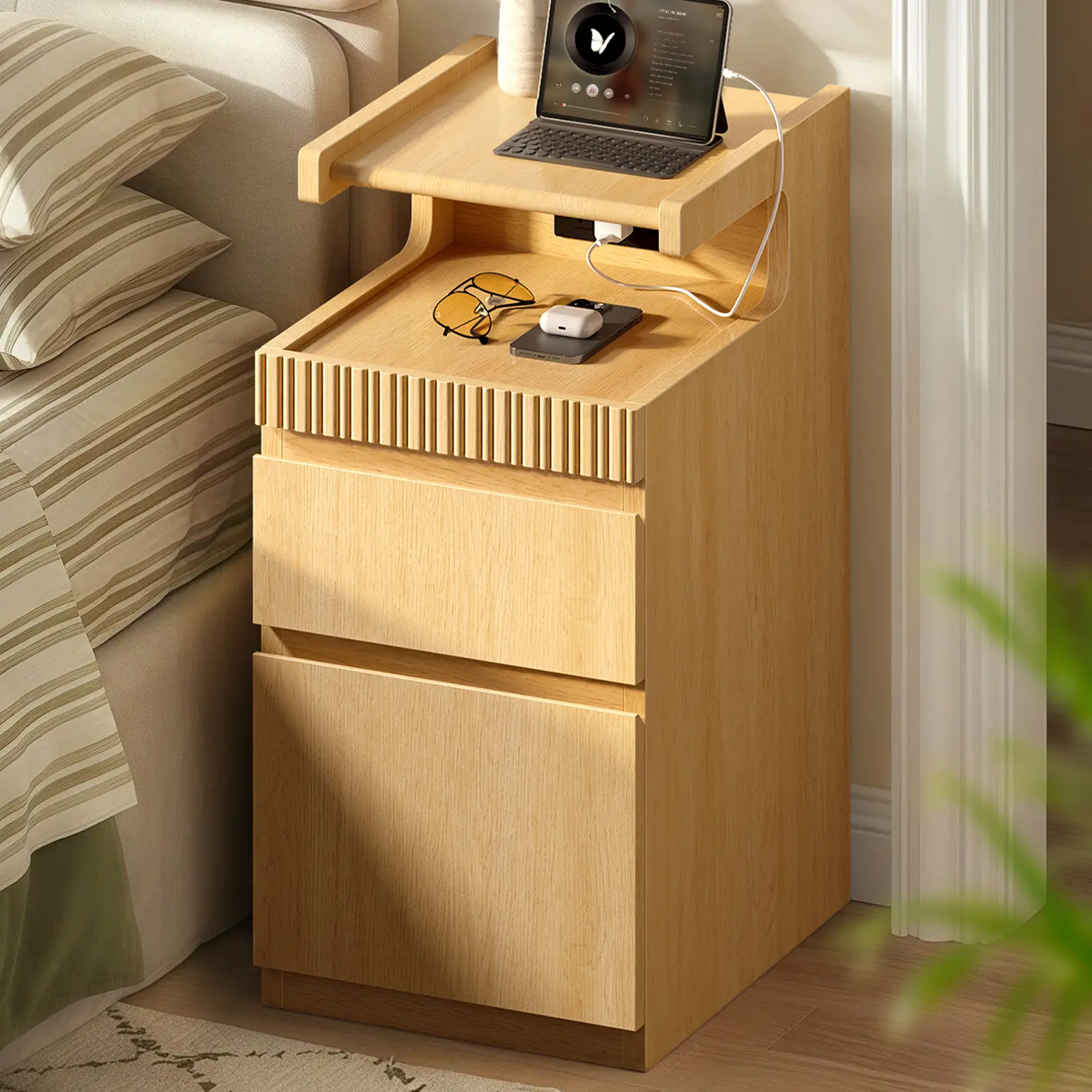 [SummerSale] Sikaic Curved Narrow Nightstand with  2 Drawers and Charging Station, Modern Bedside Table with 4-Zone Storage, Hidden Drawer Shelf, for Small Bedrooms, Living Room, Home Office, Natural, Home Furniture, Dorm Essentials