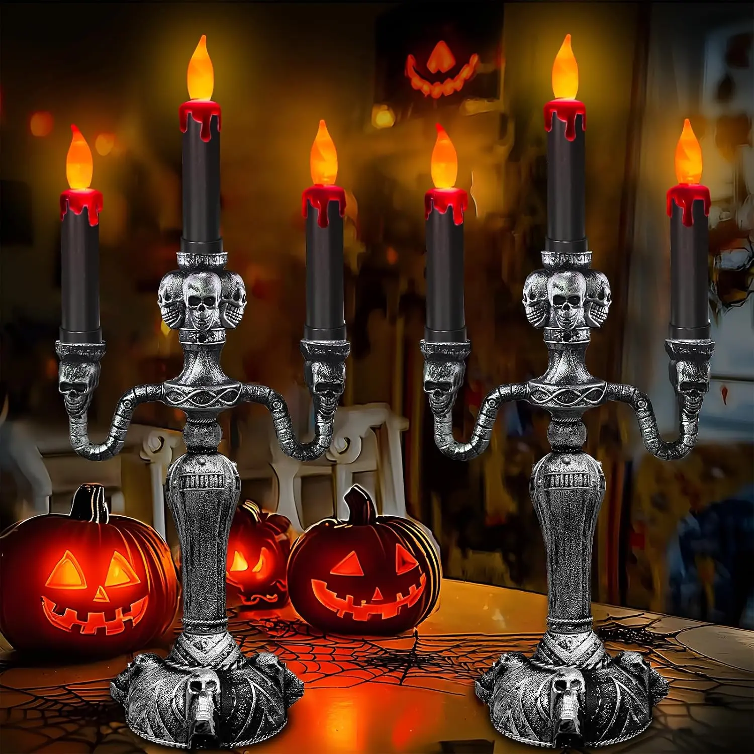 Large - 2 Pack Halloween Candelabra LED Flameless Candles Holder| Battery Powered Flickering Lights Skull Candle for Halloween Decorations Indoor Home Table Mantel Haunted Mansion Decor
