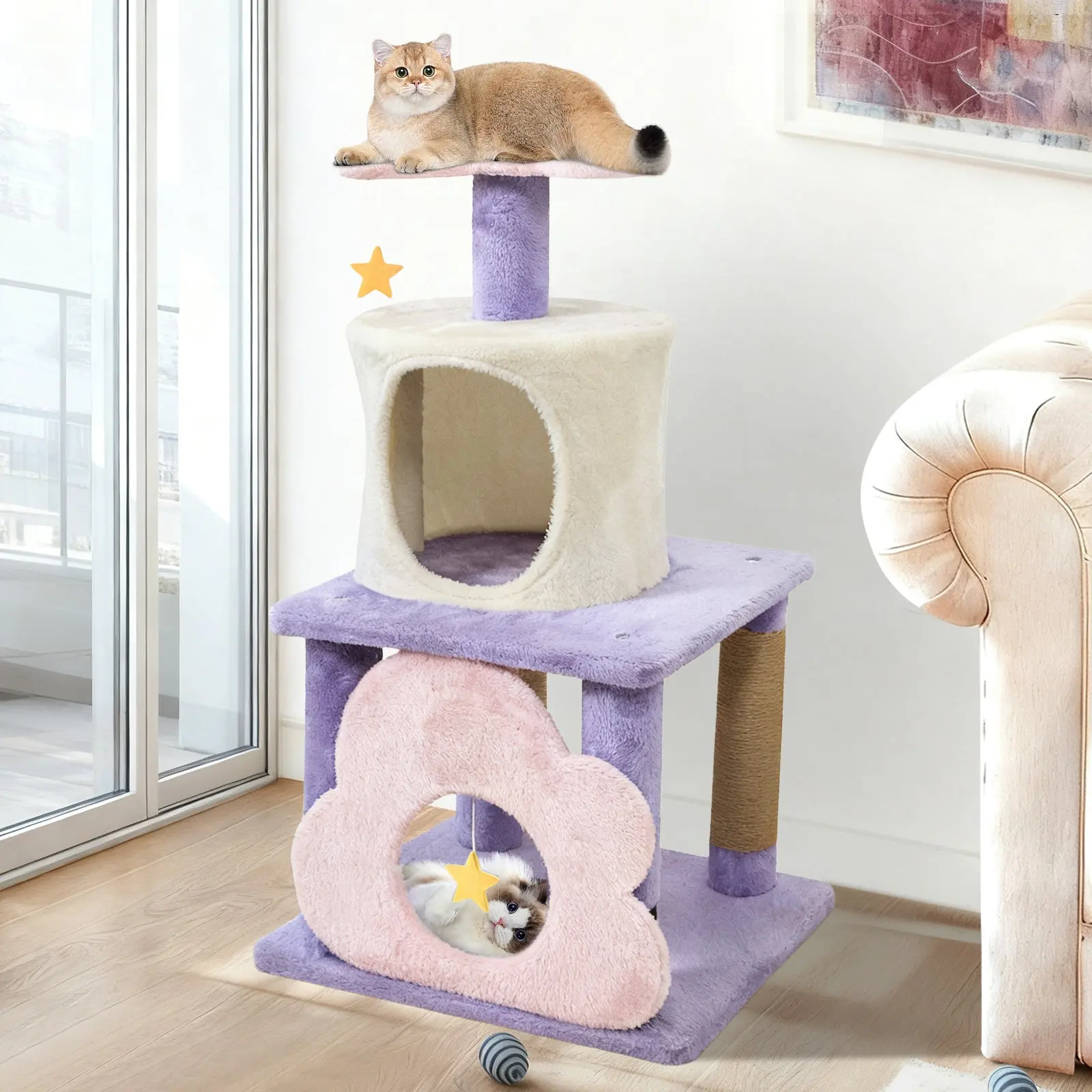 31.5-in Cute Modern Cat Tree - Multi-Level Kitten Tower with Claw Scratcher, Moon Star Design, Plush Fabric, Anti-Toppling Device