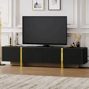 Bellemave]ON-TREND Luxury Fluted TV Stand for TVs Up to 80'', Modern Entertainment Center with Storage Cabinets & Drawers, Smooth Media Console with Golden Wood Grain Legs for Living Room, Black