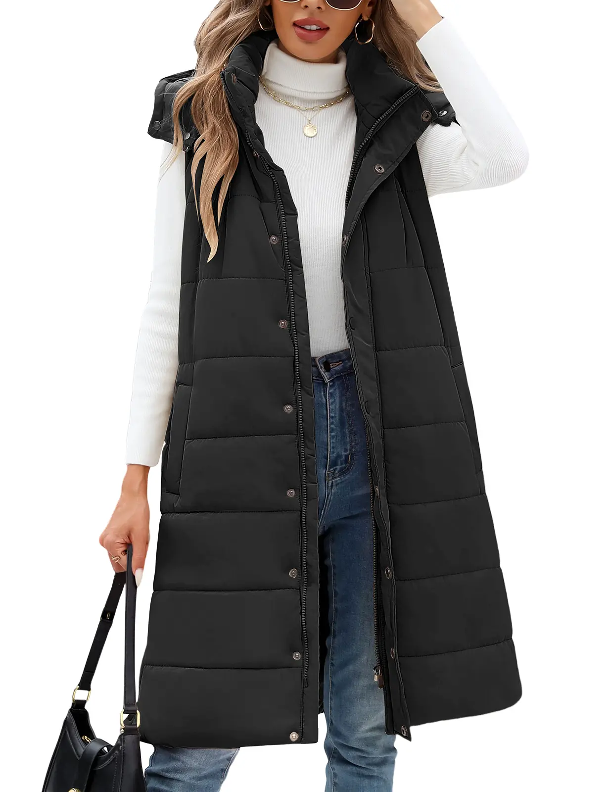 FASHORA Women Long Puffer Vest Detachable Hood Sleeveless Quilted Jacket Zip Up Button Down Winter Warm Gilet Coat