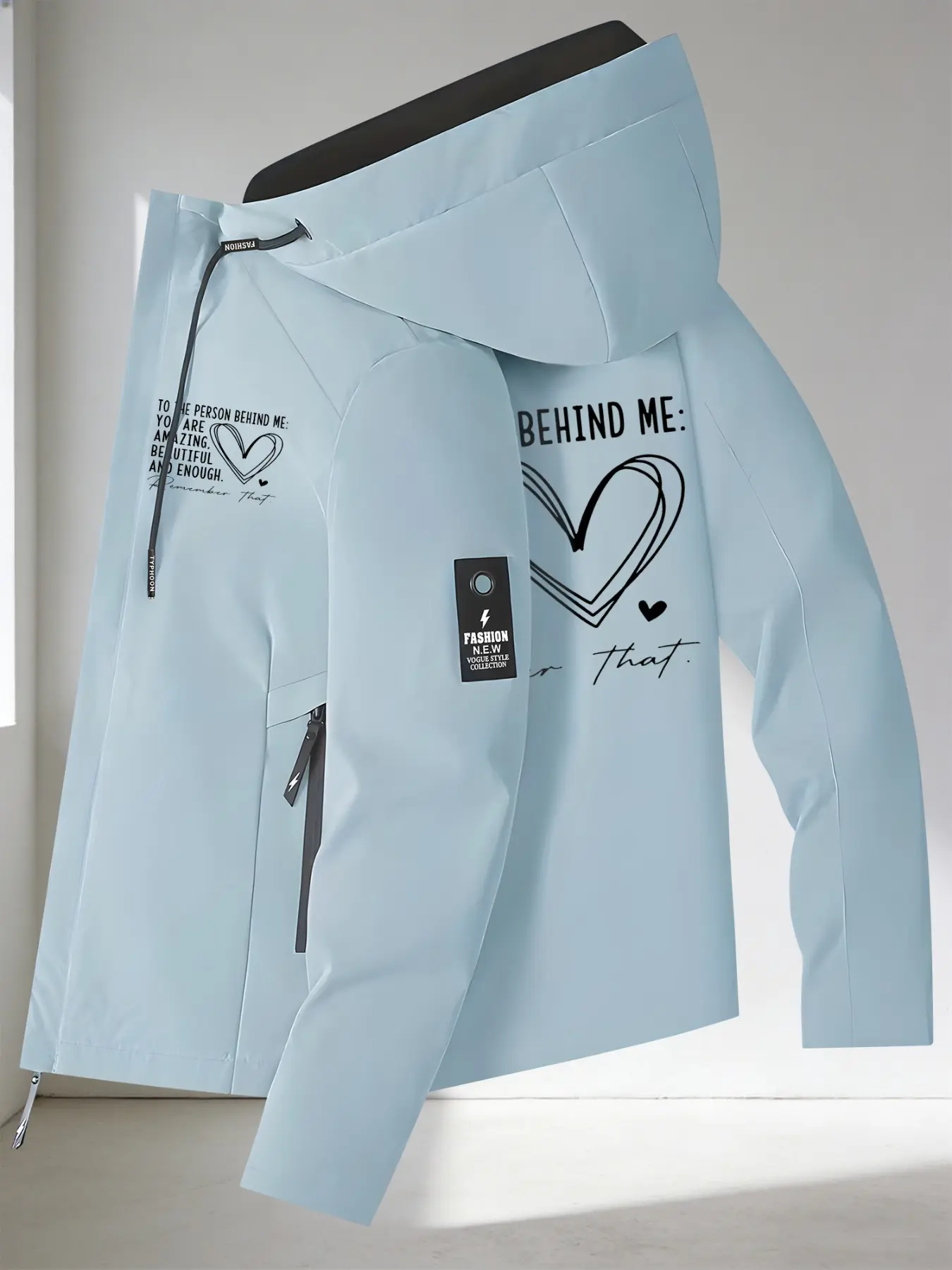Women's Hooded Jacket, Pocket, 2 Colors Available With "TO THE PERSON BEHIND ME: YOU ARE AMAZING, BEAUTIFUL AND ENOUGH" Heartwarming Encouragement Quote + Double Layer Heart Print Style Easy Pull Zipper Loose Fit Soft Fabric Casual Versatil, Womenswear
