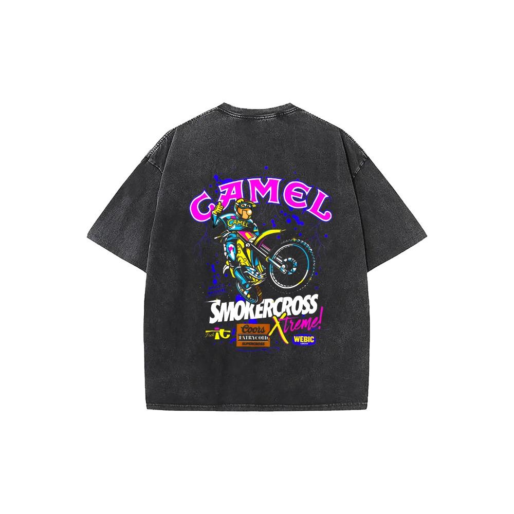 Vintage Camel Motocross Washed Oversized T-Shirt, Retro Dirt Bike Racing Graphic Tee, 90s Extreme Sports Streetwear For Men