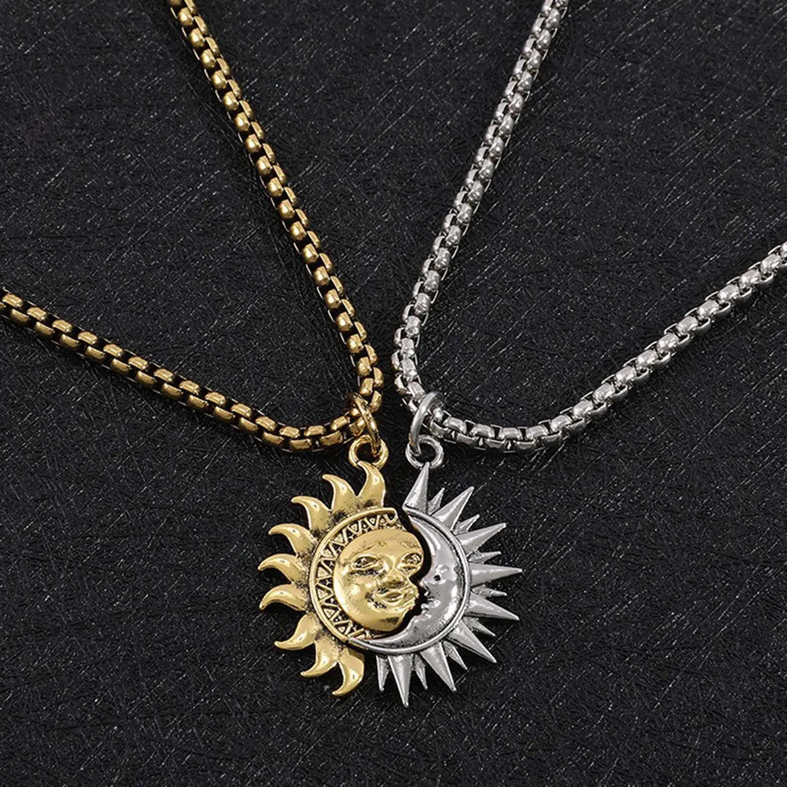 Retro Sun and Moon Couple Necklace, Asymmetrical Minimalist Jewelry for Men and Women, Romantic Anniversary or Valentine's Day Gift for Boyfriend, Gifts For Boyfriend, Love Gift