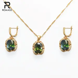 ROMASS Olive Green Zirconia Marlu Jewelry Set, 18K Gold Plated Necklace and Earrings, Sterling Silver Chain