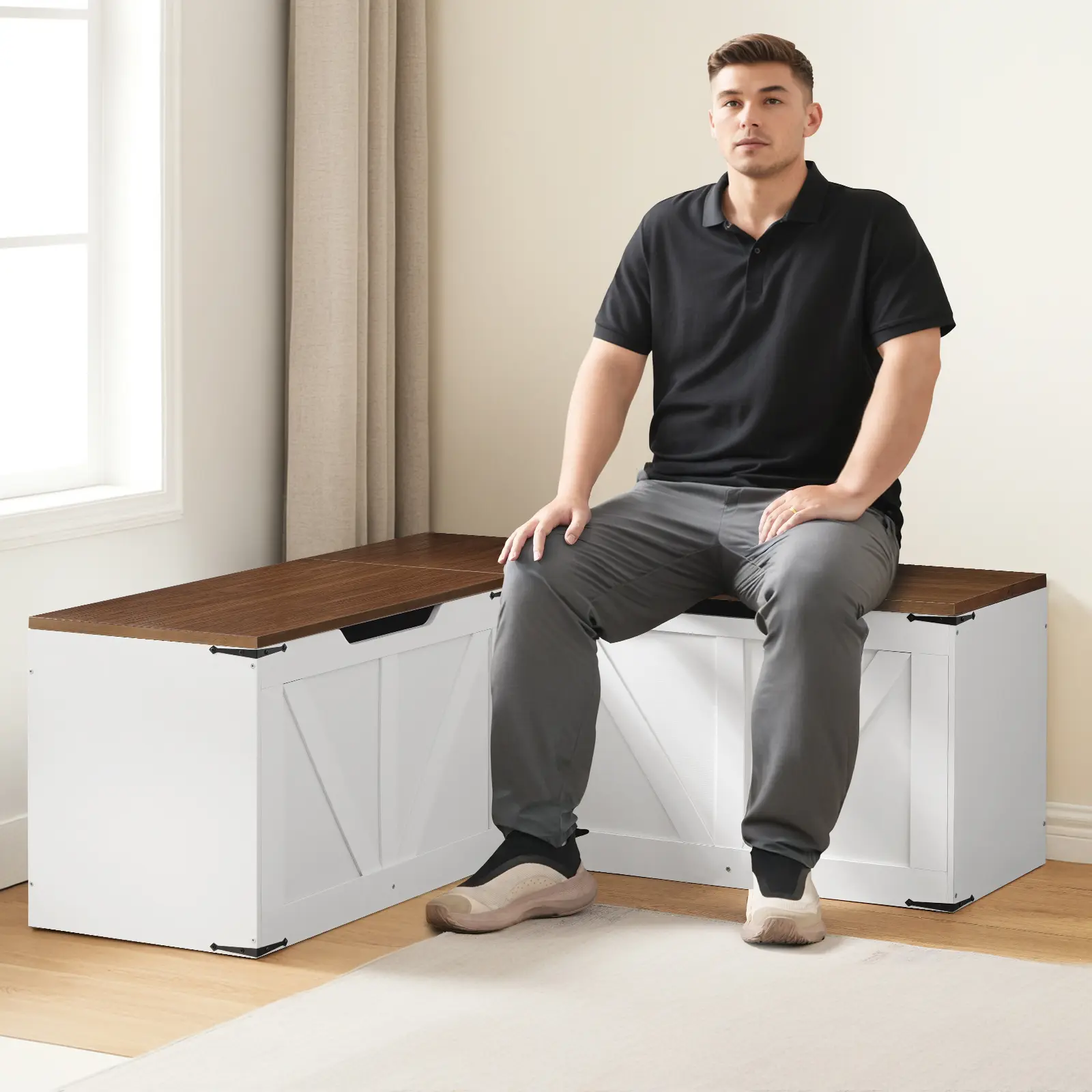 YATINEY L-Shaped Storage Bench, Storage Toy Chest with Hidden Compartments, Breakfast Nook Bench for Corner Spaces, Kitchen, Dining Room, Cloakroom, Walnut and White#DealsforYouDays #SummerGarden