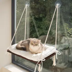 Solid Wood Foldable Cat Window Perch with Machine Washable Cusion,Strong Suction Cup, Cat Window Perch for Cats and Small Dog