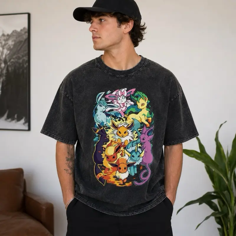 Eeveelutions Eevee Anime Japanese Mineral Wash T-Shirt, Oversized, Graphic Tee, Gifts for Him, Father's Day, Birthday, Christmas Gifts Crewneck Menswear
