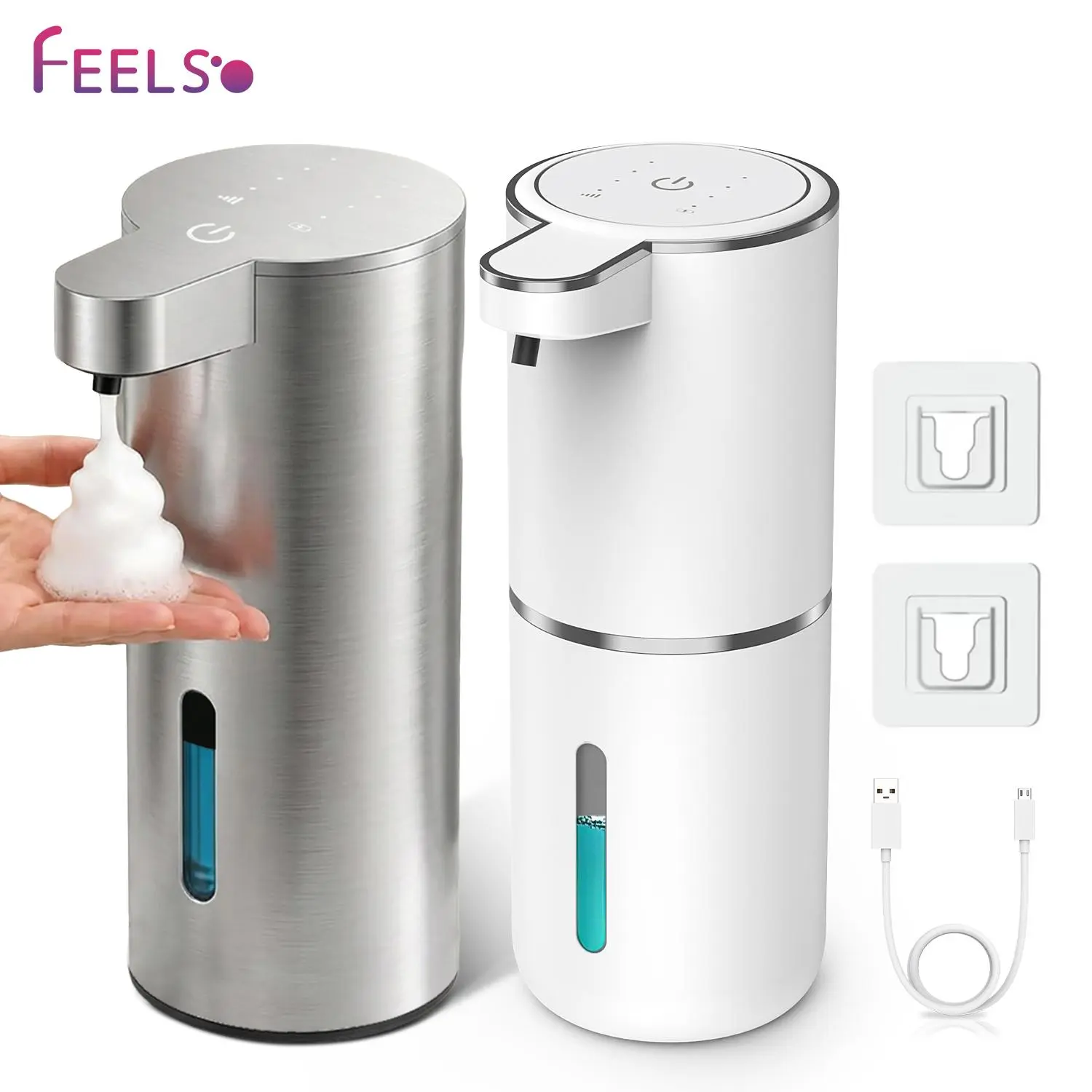 Touchless Foaming Stainless Steel Soap Dispenser - Type-C USB Rechargeable, Waterproof Wall-Mounted, 4-Speed Adjustable Foam, Visible Reservoir, Built-In Self-Cleaning Mode, Sensor Pump for Kitchen, Commercial Restroom Sink Side (Easy Installation), Inclu