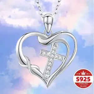 1pc S925 Pure Silvery Luxury Fashion Creative Love Cross Necklace Bohemian Style Classic Infinity Pendant for Men and Women Jewelry Accessories Birthday Party Anniversary Christmas Gift Necklace