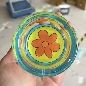 85mm Round Cartoon Flower Glass Ashtray – Vibrant Blue, Yellow & Orange Design – Decorative Smoking Accessory for Home, Bar, Office – Perfect Gift for Men & Women