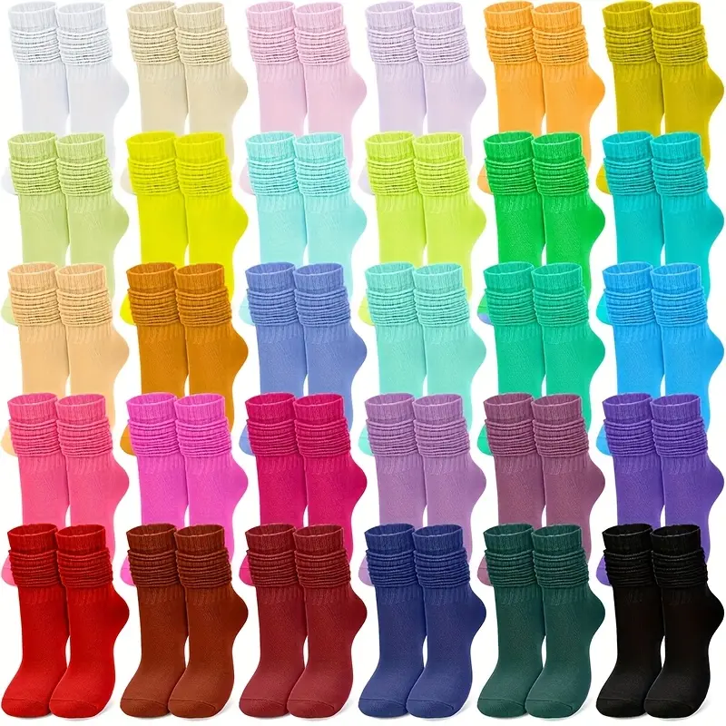 Women's 12-Pair Cute Cartoon Mid-Calf Socks with Bows, Soft Ribbed Solid Color Pile Knit, Breathable Adjustable Elastic, Warm for Autumn Winter, Lady Basic Socks, Adjustable Elastic Mid-Calf Socks