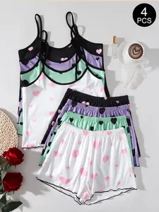 4Pcs Women's Sexy Sleeveless Sleepwear Set, Plain Fitted Design, All-Season Comfortable Nightwear, Ideal for Spring & Summer