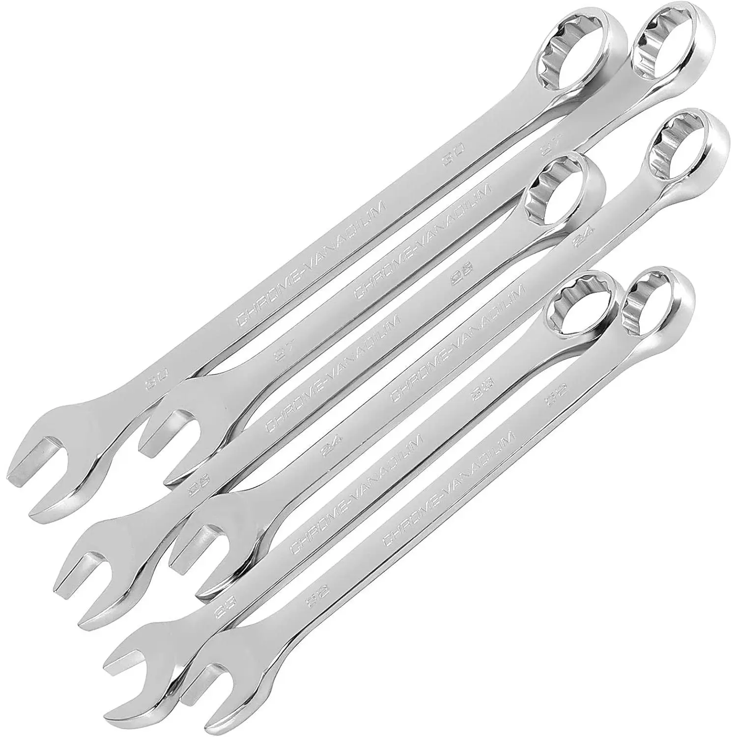 6-Piece Metric Combination Spanner Wrench Set, 22-30mm Size Range, 12-Point Design, 15-Degree Offset, Chrome Vanadium Steel Construction