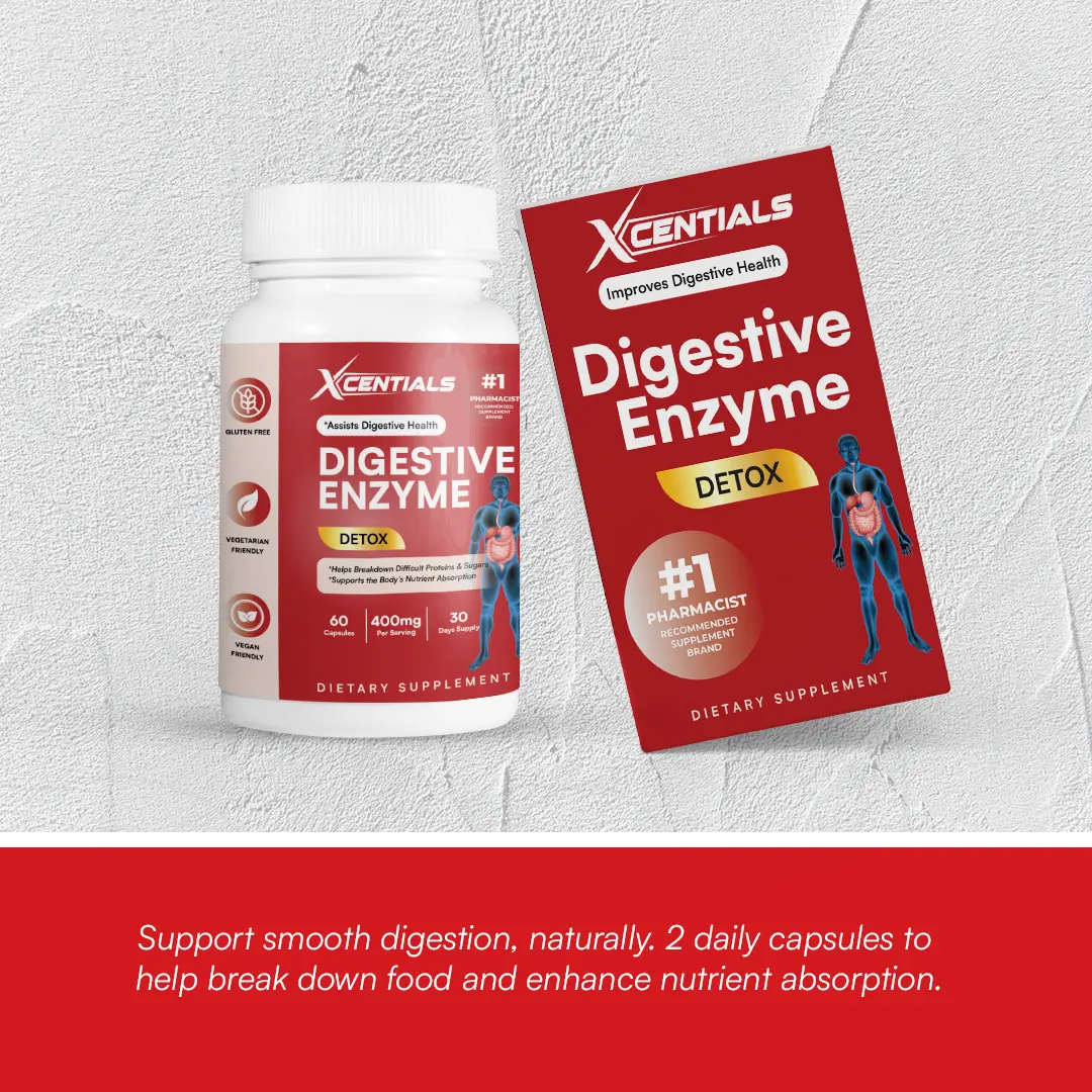 Xcentials Digestive Enzyme Supplement 400mg 60 Capsules Detox Formula for Enhanced Nutrient Absorption & Gut Health Support Natural Healthcare Fitness Dietary Edible Bathroom Vitamin