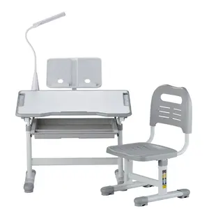 VEVOR Kids Chair and Desk Set Table Lamp Adjustable Height & Tilted Desktop Grey