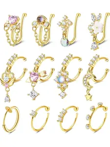 12pcs Fake Nose Ring Hoop, Stainless Steel Clip on Dangle Nose Ring, Non Piercing Adjustable Faux Nose Rings Set for Women Men, Nose Rings Hoops, Nose Ring Jewelry
