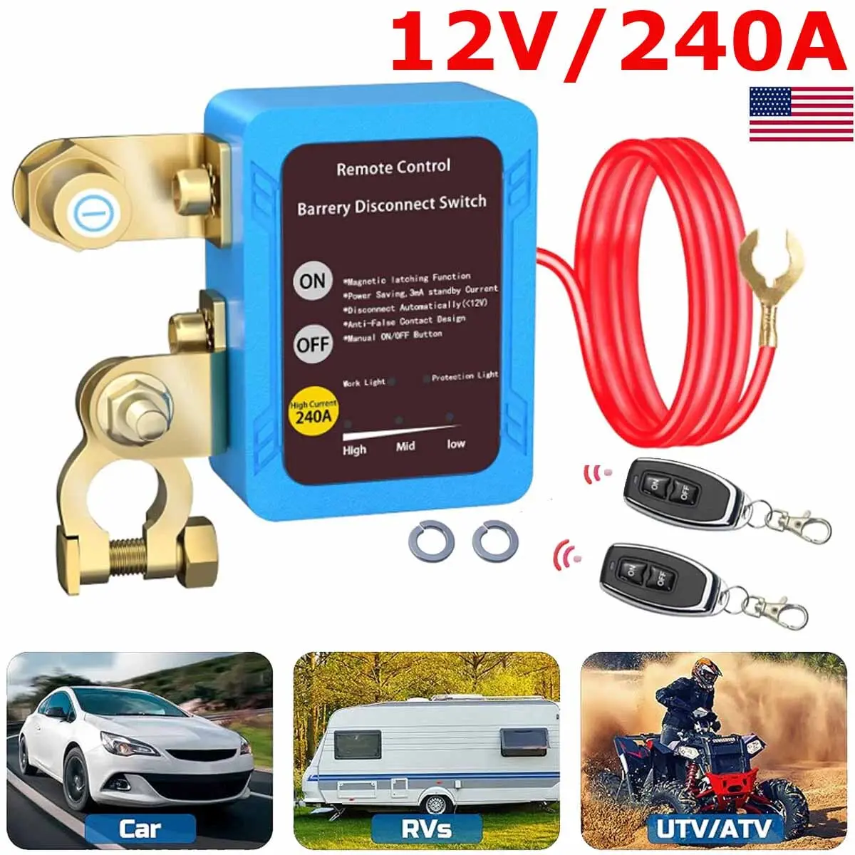 12V Smart Battery Kill Switch 240A - Automatic Voltage Sensing Disconnect Isolator with Dual Remote Controllers, 11.8V Low Voltage Auto Cut Off, Ultra Low Standby Power for Trucks/RVs, Extends Battery Lifespan, Prevents Parasitic Drain