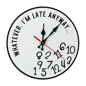 Whatever I'm Late Anyway Funny Wall Clock, 12 Inch Silent Non-Ticking Round Wooden Wall Clock, Unique Irregular Number Clock for Home Office Kitchen Decor