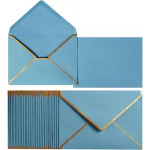 50 Pack A7 Envelopes Dusty-Blue 5 x 7 Self-Adhesive V Flap Envelopes with Gold Border for Office, Greeting Card, Wedding, Graduation, Baby Shower, Parties, Invitations