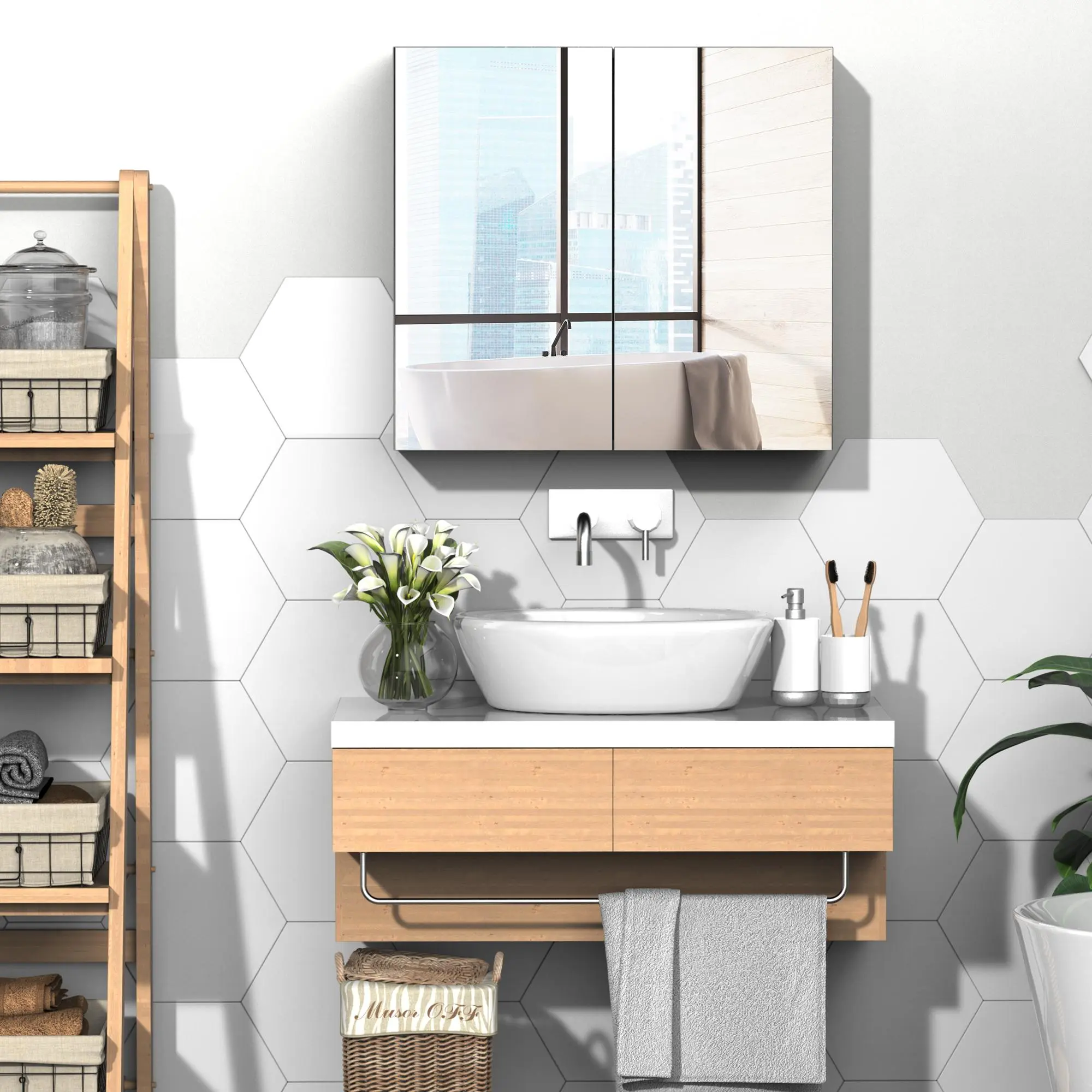 Bathroom Mirrored Cabinet 24"x22" Steel Frame Medicine Cabinet Wall-Mounted Storage Organizer with Double Doors White Ample Storage Layers Vanity Mirror Secure Mount Easy Clean
