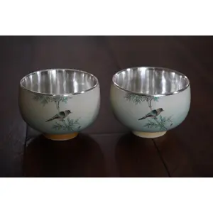 Traditional Watercolor Bird Pure Silver Cup, Traditional Silver Tea Cup, 114g